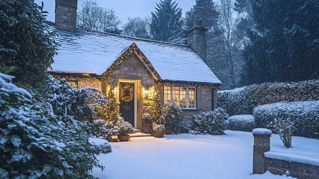 Christmas in the countryside, cottage decorated for holidays on a snowy winter evening with snow and holiday lights, English country styling inspiration