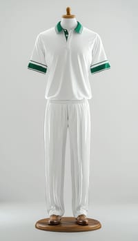 A detailed photorealistic mockup of a cricket jersey showcased on a mannequin, the fine design and quality. set against a sleek, clean white background with soft studio lighting, it emphasizes the product's texture and style.