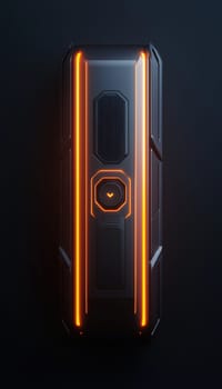 A sleek rectangular sticker with a tech-inspired design enhances a modern black speaker. dynamic lighting accentuates the speaker's futuristic look, set against a stylish interior, combining technology and aesthetics seamlessly.