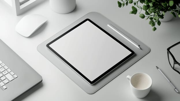 A sleek monochromatic sticker adheres to a tablet cover, set in a sophisticated minimalistic workspace. the arrangement includes a black notebook, pen, paperclip, and coffee cup, offering a modern aesthetic for design inspiration.