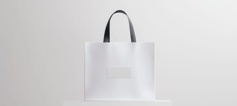 A modern white shopping bag featuring a sleek minimalist logo sticker is placed against a clean studio backdrop. the scene is complemented by a potted plant, creating a harmonious balance of nature and contemporary design.