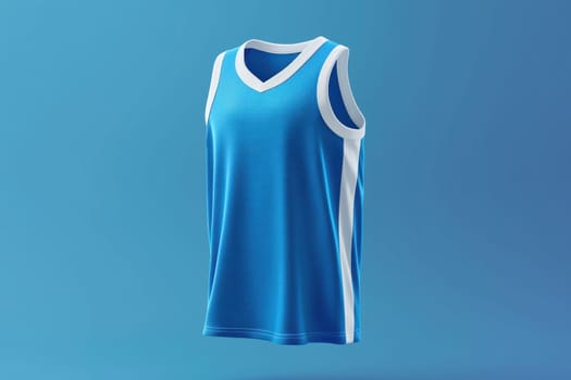 Professional 3d mockup of a sleeveless basketball jersey floating against a gradient blue background. features include soft shadows and vibrant fabric design, ideal for showcasing custom sportswear patterns or branding concepts.