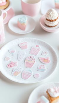 Pastel-colored motivational stickers arranged on a white ceramic plate. the soft and bright aesthetic includes candles and decorative elements, creating a calming and inspiring atmosphere suitable for decor or stationery use.