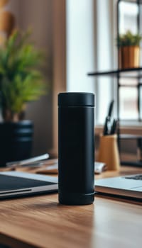 A sleek black travel thermos adorned with a bold typographic sticker sits on a minimalist workspace table. the setting includes a blurred background with soft natural light filtering through large windows, creating a serene atmosphere.