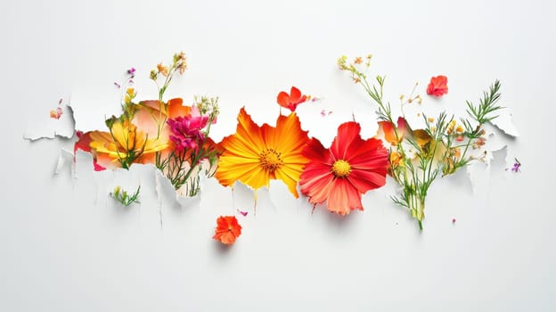 Torn paper effect revealing a stunning floral design beneath a minimal white background. perfect for spring campaigns, this lively and colorful composition blends elegance and creativity, ideal for print, cards, and posters.