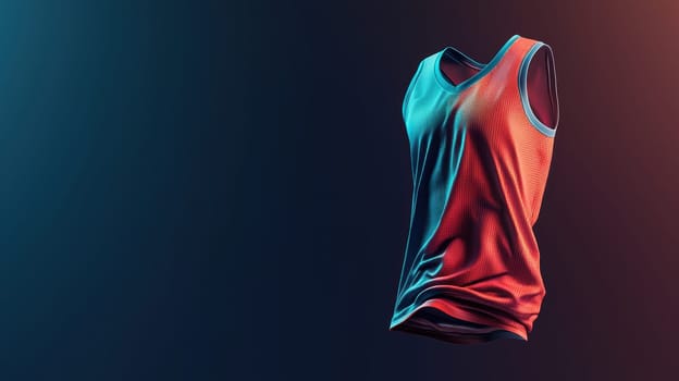 A 3d representation of a basketball jersey floating mid-air, showcasing realistic fabric folds and dynamic shadows. set against a sleek black and blue gradient backdrop, the design highlights modern sportswear aesthetics in a digital context.