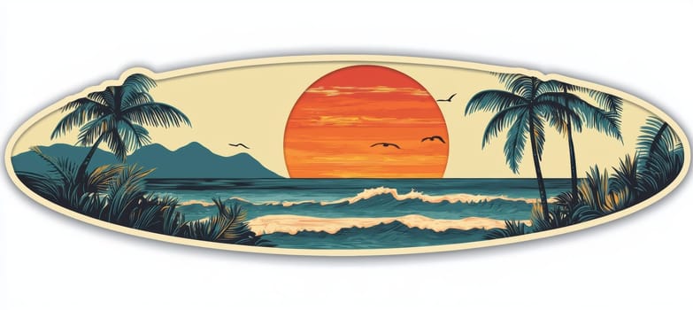 Intricate die cut sticker featuring floral patterns on a surfboard set against a tropical beach backdrop. palm trees and waves create a laid-back, adventurous vibe, perfect for inspiration in surf culture and beach-themed designs.