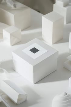 High-end branding presentation featuring a matte white gift box with a bold logo sticker, surrounded by sophisticated packaging props. this arrangement highlights luxury and minimalistic design suitable for premium marketing.