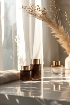 Luxurious skincare bottles designed with mocha mousse color and elegant gold accents are displayed on a reflective white surface. the composition highlights the premium quality and aesthetic appeal, perfect for high-end product promotion.