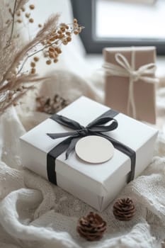 Pastel-colored circular sticker with elegant cursive typography on a white gift box. surrounded by delicate wrapping props and pale pink ribbon, creating a luxurious and sophisticated gift presentation perfect for special occasions.