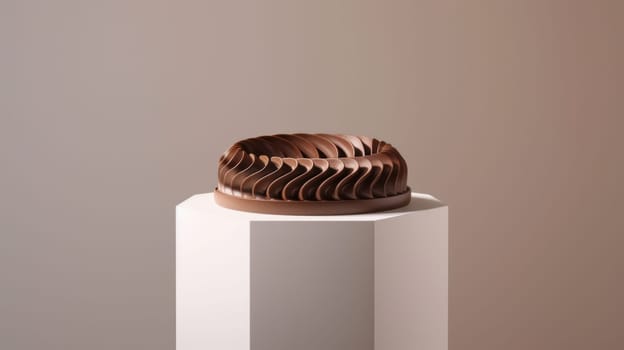 A 3d printed mocha mousse prototype displayed elegantly on a white pedestal. the clean studio lighting enhances the intricate details and smooth curves, making it an ideal piece for discussions on modern design and innovation.