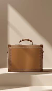 Minimalist product ad showcasing a mocha mousse suitcase set against a neutral background. warm lighting creates a serene atmosphere, the suitcase's sleek design, perfect for modern travel themes.