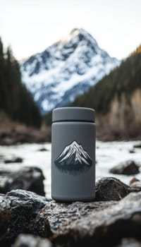 Minimalist die cut sticker featuring a monochrome mountain logo is affixed to a matte gray thermos, set against a scenic outdoor camping backdrop with rugged mountains and lush greenery.