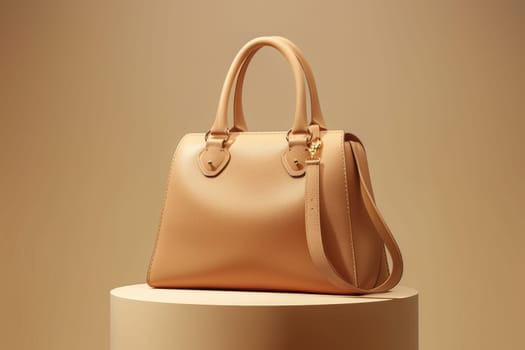 Luxury leather handbag in a sophisticated mocha mousse color showcased on a display stand. the subtle lighting highlights the bag's contours and textures against a soft gradient background of beige and cream, adding an elegant touch.