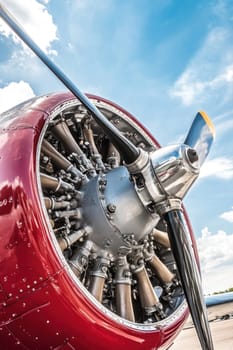 Close up of radial engine and propeller of vintage airplane gleaming under a vibrant blue sky, showcasing power and engineering