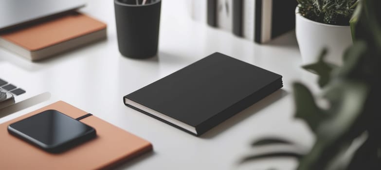 Minimalist desk setup featuring a matte black notebook with a rectangular logo sticker. surrounded by clean decor, it modern style and organization in a professional workspace. ideal for branding, design, or office themes.