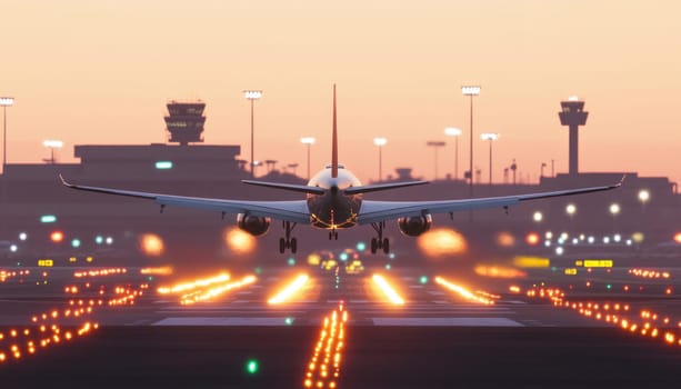 White passenger airplane landing on illuminated airport runway at sunset