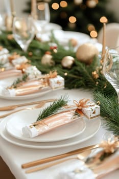 Elegant christmas table setting featuring festive decorations, small gifts, and a warm, inviting atmosphere