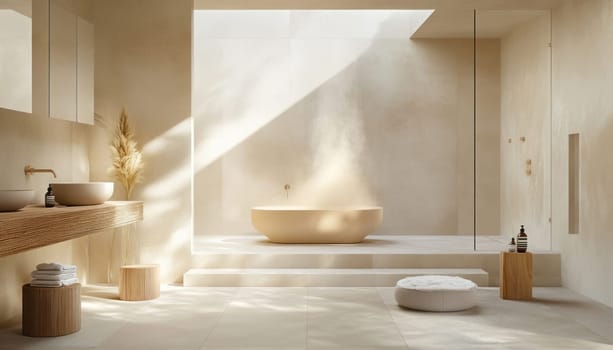 Warm sunlight illuminates a modern minimalist bathroom featuring a steaming bathtub, creating a serene and luxurious atmosphere