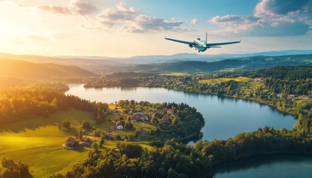 Passenger airplane flying over beautiful lake and green landscape at sunset