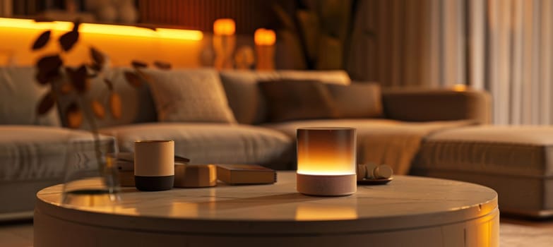 A stylish living room features a mocha mousse smart home assistant device. warm lighting sets a cozy atmosphere, modern decor and a comfortable seating area, showcasing the integration of technology and interior design.