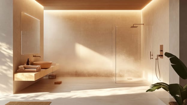 Interior of a modern minimalist bathroom featuring a wooden ceiling, warm lighting, and a glass shower
