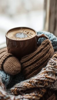 Warm mocha mousse-colored scarf and gloves set against a cozy winter backdrop with a steaming cup of coffee. soft textures and earthy tones create a comforting winter scene, perfect for seasonal relaxation or fashion inspiration.