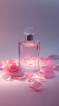 Glass perfume bottle with rose and petals evoking a sense of luxury and delicate fragrance