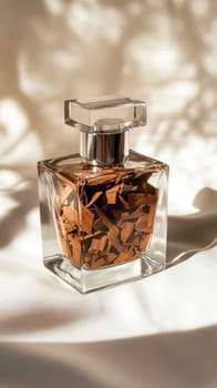 Elegant perfume bottle showcasing wood chips, highlighting natural scents and sustainable perfumery