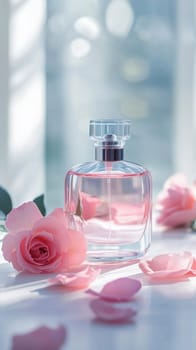 Elegant perfume bottle with pink rose and petals on a table, illuminated by natural sunlight, creating a luxurious and romantic atmosphere