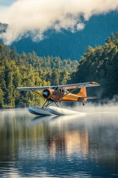 Classic seaplane gently landing on serene misty lake surrounded by lush mountain forest, creating a picturesque scene of adventure and tranquility