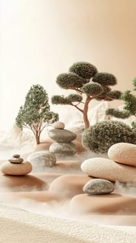 Miniature trees and stacked pebbles rise from a soft, misty landscape, evoking tranquility and balance