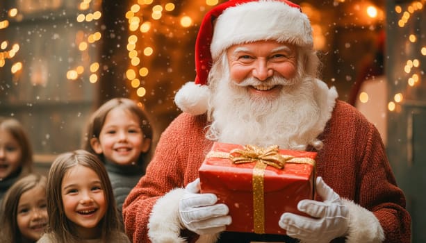 Santa claus is holding a christmas gift with excited children watching in the background, creating a magical holiday scene