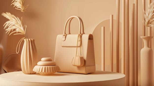 Mocha mousse handbags elegantly styled alongside gold accessories against a neutral backdrop, minimalist typography. perfect for upscale e-commerce promotions, fashion branding, or stylish print and digital marketing materials.