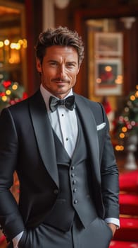 Businessman wearing tuxedo posing in christmas decorated luxury hotel lobby