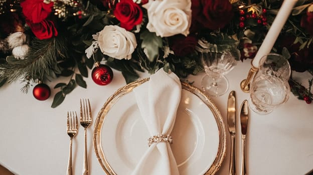 Christmas tablescape decoration, formal family dinner holiday celebration, luxury table setting decor, English country and home style idea