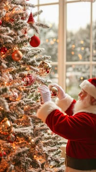 Santa claus is decorating a snow covered christmas tree with colorful ornaments and lights