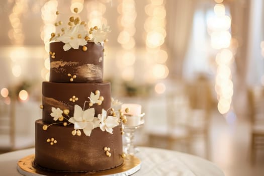 A sophisticated two-tier wedding cake adorned with mocha mousse colored fondant and gold accents. surrounded by white roses, delicate flowers, and soft romantic lighting on a white table, creating a luxurious and elegant wedding ambiance.