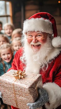 Santa claus is holding a christmas gift and smiling at excited children