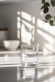 A minimalist logo sticker mockup is displayed on a transparent glass tumbler in a bright kitchen setting. the scene features soft natural light, modern kitchen elements like blurred plants and shelves in the background.