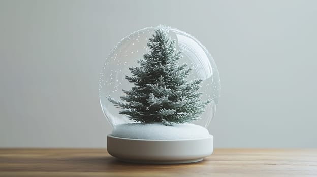 Minimalist snow globe featuring a single pine tree blanketed in snow, set within swirling snowflakes. the design includes a smooth, white ceramic base, offering a clean and modern aesthetic, perfect for enhancing winter decor.