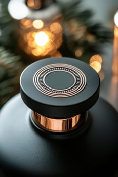 Close-up of a matte circular sticker featuring sophisticated serif typography on a glass bottle, styled with soft lighting to create a high-end branding aesthetic, ideal for luxury packaging design and marketing visuals.