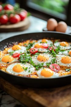Delicious corn cake topped with multiple fried eggs, cherry tomatoes and fresh parsley, ready to be served for breakfast