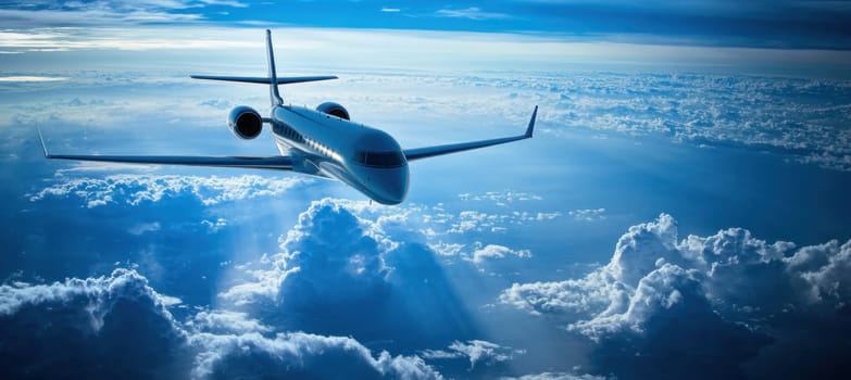 Modern private jet flying above a beautiful cloudscape, traveling around the world