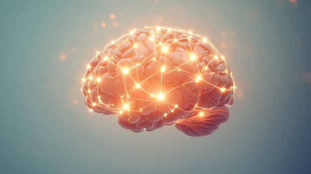 3d rendering of a human brain with bright neural connections firing, on blue background