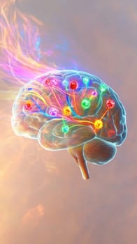 Colorful energy flows from a transparent human brain with glowing interconnected nodes, symbolizing consciousness, creativity, and imagination