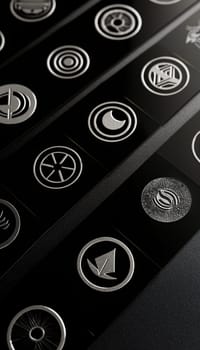 Sleek monochromatic logo designs arranged on a polished black surface, highlighted by dramatic studio lighting. perfect for depicting modern design elements, branding concepts, or stylish promotional materials.