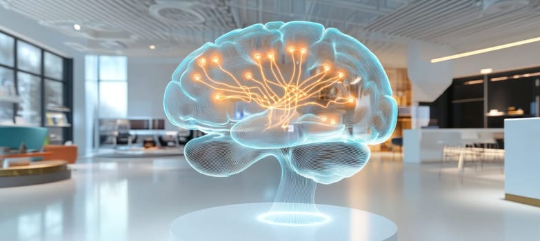 Holographic projection of human brain with active neural connections displayed on pedestal in modern office space, symbolizing artificial intelligence and innovation