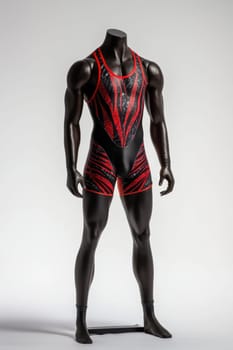 Professional studio shot featuring a vibrant wrestling jersey on a mannequin set against a clean white background. highlights bold colors and design elements ideal for brand customization or logo placement, focusing on sports apparel marketing.