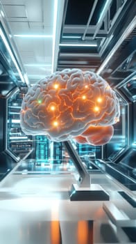 Futuristic laboratory setting showcasing a glowing human brain, symbolizing advancements in artificial intelligence and neural network research